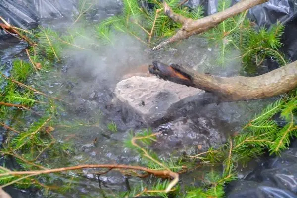Wasser kocht über einem Stein in einer improvisierten Konstruktion mit Ästen