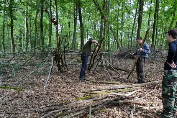 Zwei Personen bauen eine Holzstruktur im Wald, während eine dritte beobachtet
