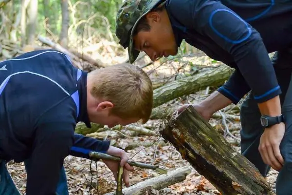 Zwei Personen untersuchen einen Baumstamm im Wald beim Überlebenstraining