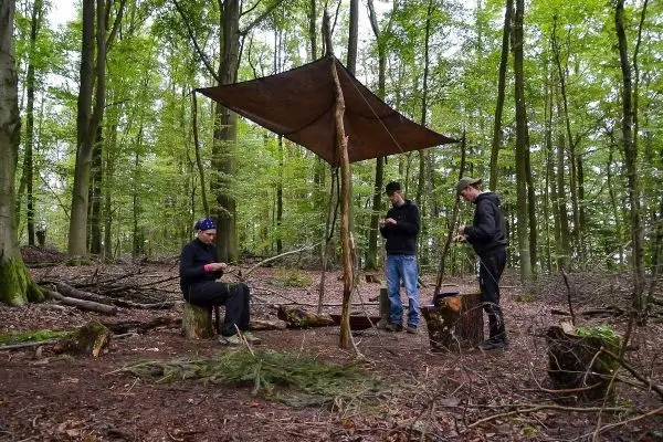 Drei Personen arbeiten an einer Tarp-Notunterkunft im Wald