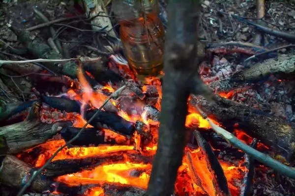 Kleine Flamme glimmt zwischen Holzstücken, Glasflasche steht darüber