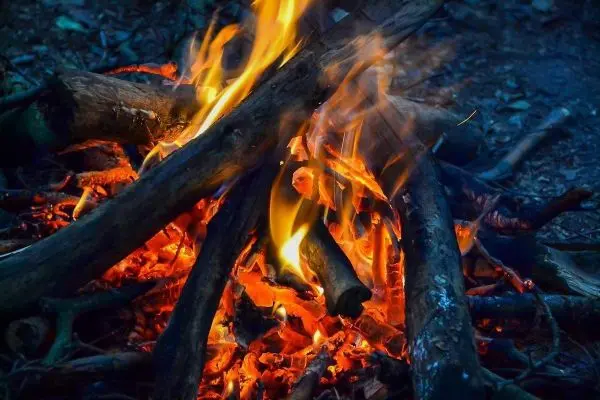 Kleine Flamme mit glühenden Holzstücken im Feuer