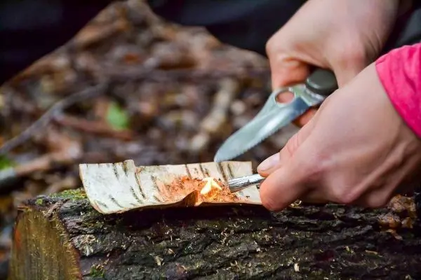 Person entzündet Rinde mit einem Feuerzeug auf einem Baumstamm beim Survival Training