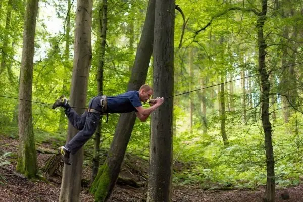 Mann überquert selbstgebaute Seilbrücke zwischen zwei Bäumen im Wald