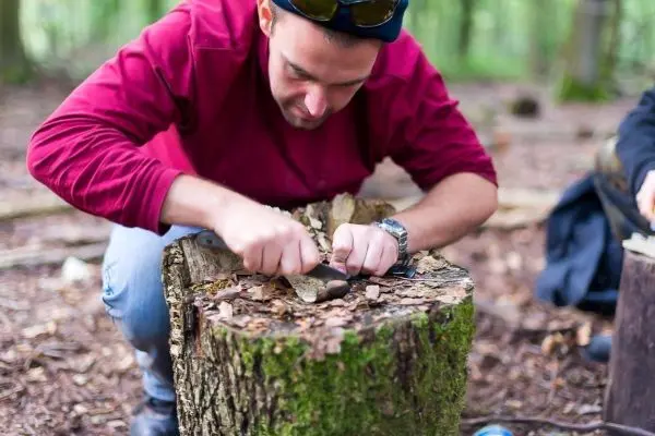 Messer bearbeitet Holzstück auf Baumstumpf im Wald