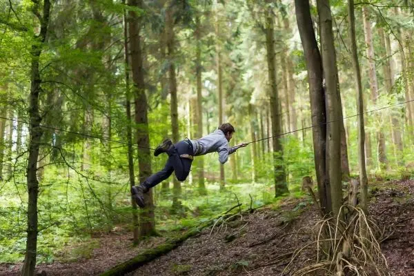 Person schwingt an einem Seil zwischen Bäumen