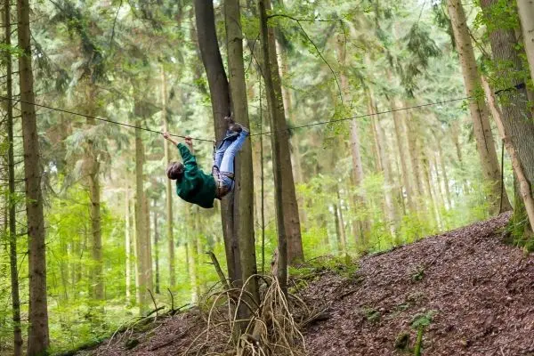Person schwingt an einem Seil zwischen Bäumen