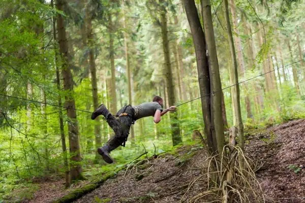 Person schwingt an Seil zwischen Bäumen im Wald
