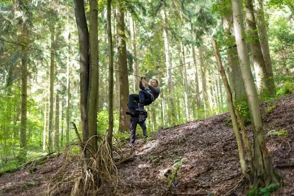 Person schwingt an Seil zwischen Bäumen im Wald