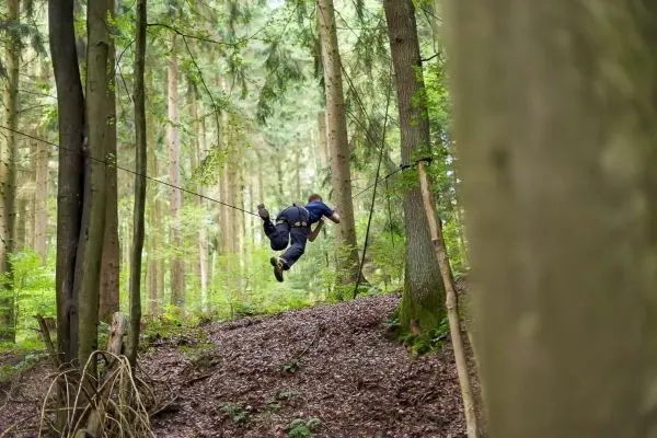 Person überquert selbstgebaute Seilbrücke zwischen Bäumen im Wald