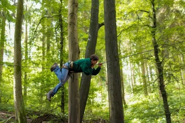 Person überquert selbstgebaute Seilbrücke zwischen zwei Bäumen im Wald