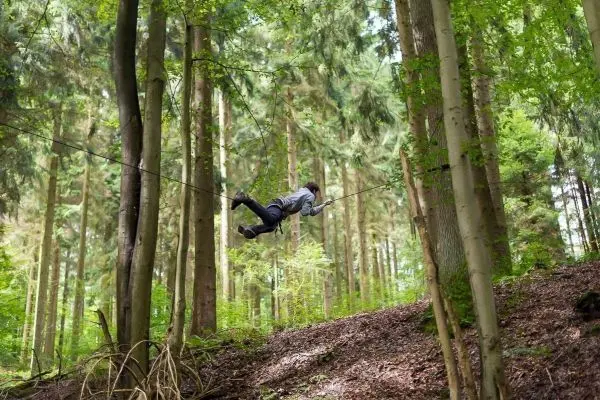Überquert eine selbstgebaute Seilbrücke zwischen Bäumen im Wald