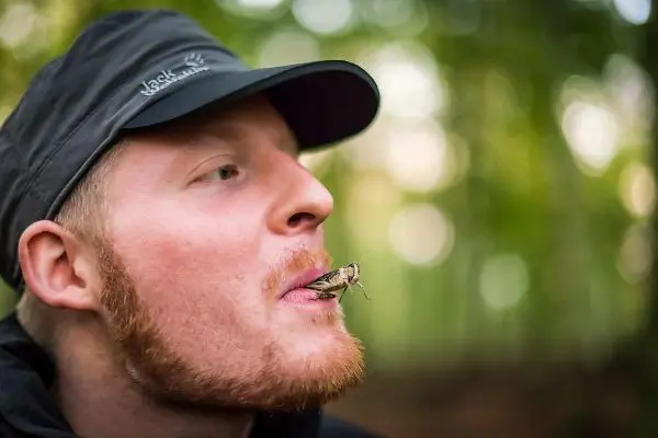 Mann hält eine Heuschrecke mit den Lippen in der Natur