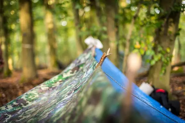 Tarp-Notunterkunft mit Holzstock zur Abspannung zwischen Bäumen im Wald