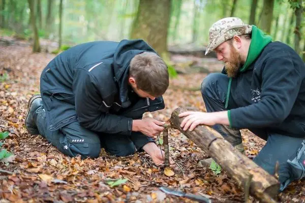 Zwei Personen bearbeiten einen Holzstock auf dem Boden im Wald