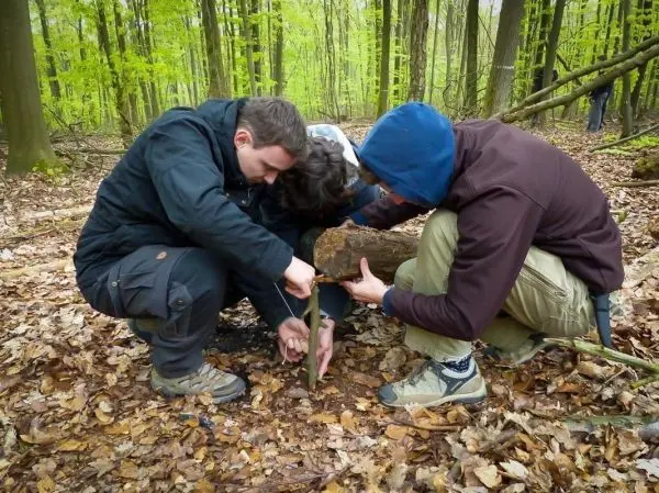 Drei Personen bearbeiten einen Stock im Wald beim Überlebenstraining
