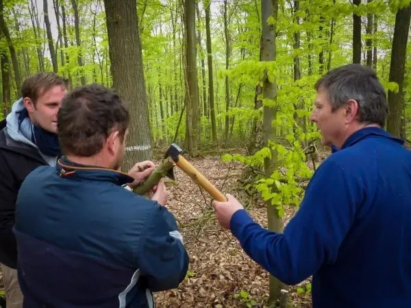 Drei Personen bearbeiten einen Stock mit einem Hammer im Wald