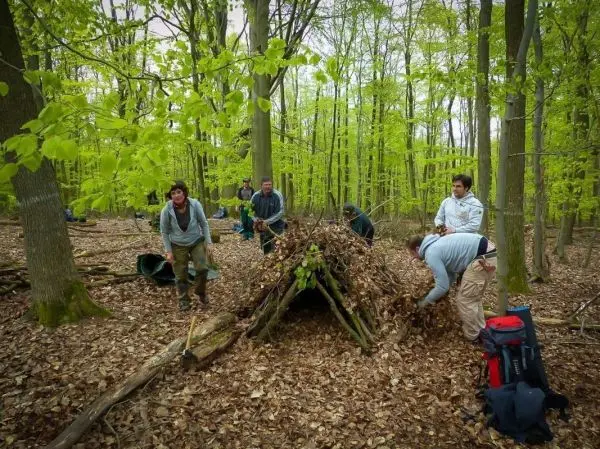 Gruppe baut eine Laubhütte aus Ästen und Blättern im Wald