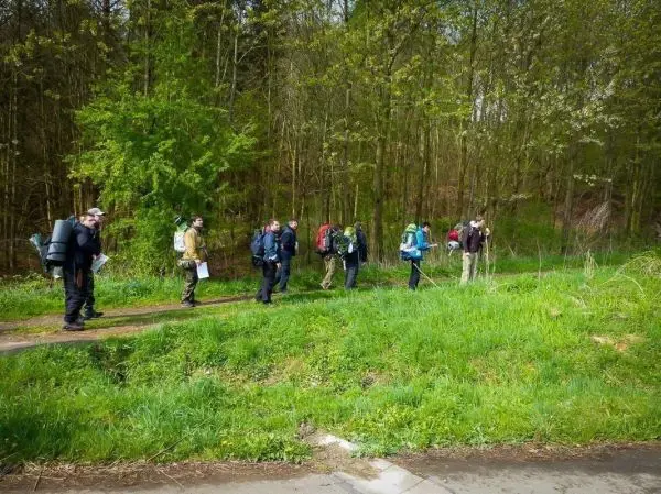 Gruppe mit Rucksäcken wandert auf einem Pfad durch bewaldetes Gebiet