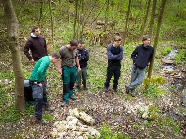 Gruppe steht um einen kleinen Steinhaufen im Wald und beobachtet den Boden