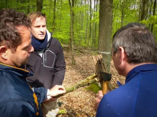 Messer bearbeitet Holzstück zur Herstellung einer Konstruktion im Wald