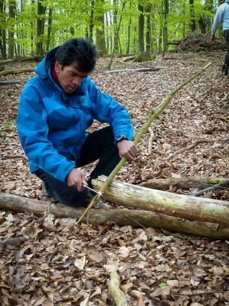 Messer schneidet einen Holzstock auf einem Laubboden im Wald