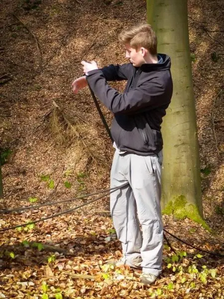 Person bindet ein Seil um einen Baumstamm
