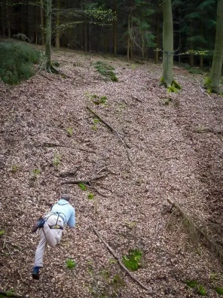 Person krabbelt einen steilen, mit Laub bedeckten Hang hinauf
