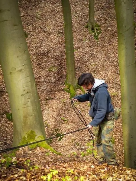 Person zieht ein Seil zwischen Bäumen entlang