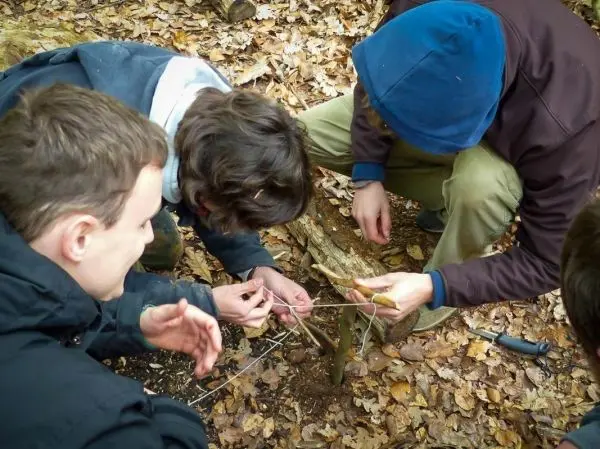 Vier Personen binden Schnüre an Holzstücken für eine Konstruktion im Laub