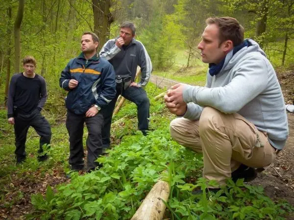 Vier Personen stehen und sitzen im Wald, umgeben von Pflanzen und einem Baumstamm