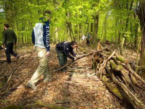 Zwei Personen arbeiten an einer Holzstruktur im Wald, während andere im Hintergrund stehen