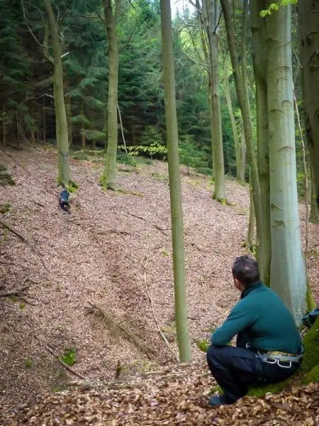 Zwei Personen in einem Wald, eine sitzt am Hang, die andere bewegt sich bergab
