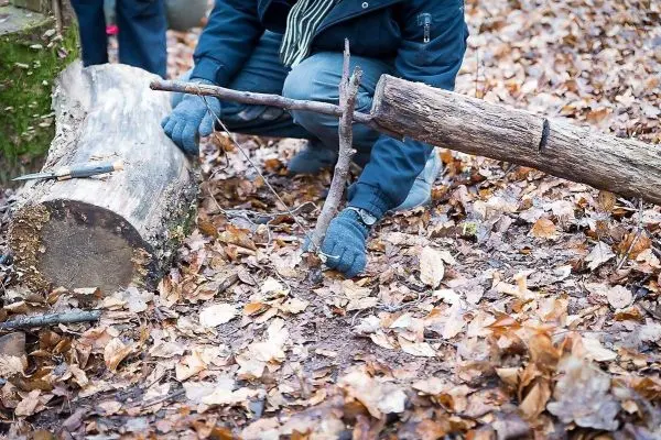 Person baut eine einfache Falle aus Ästen im Laub