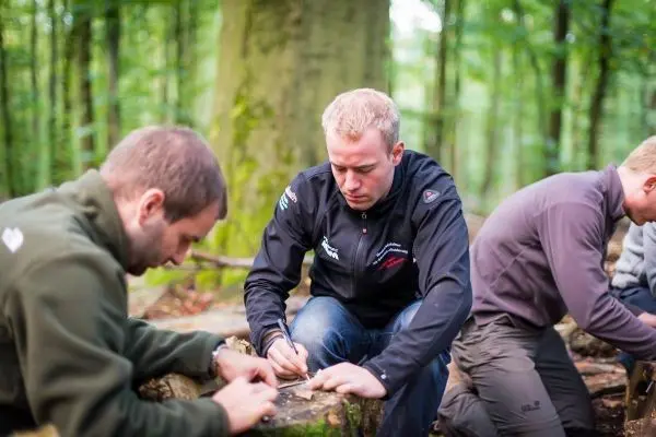 Drei Personen bearbeiten Holzstücke auf einem Baumstumpf im Wald