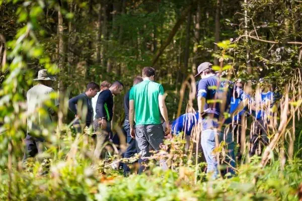 Gruppe von Personen beugt sich über den Boden im Wald