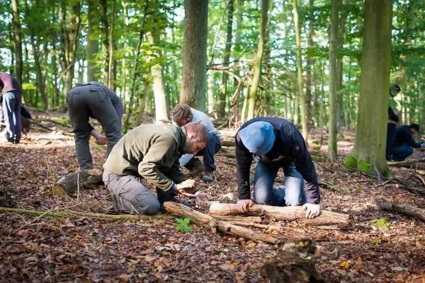 Gruppenmitglieder bearbeiten Holzstücke auf dem Waldboden mit Werkzeugen