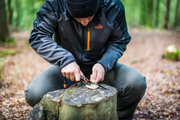 Messer schnitzt Holz auf einem Baumstumpf im Wald
