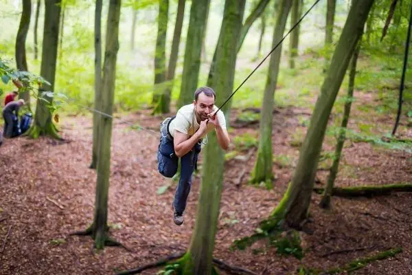 Person schwingt an Seil zwischen Bäumen im Wald