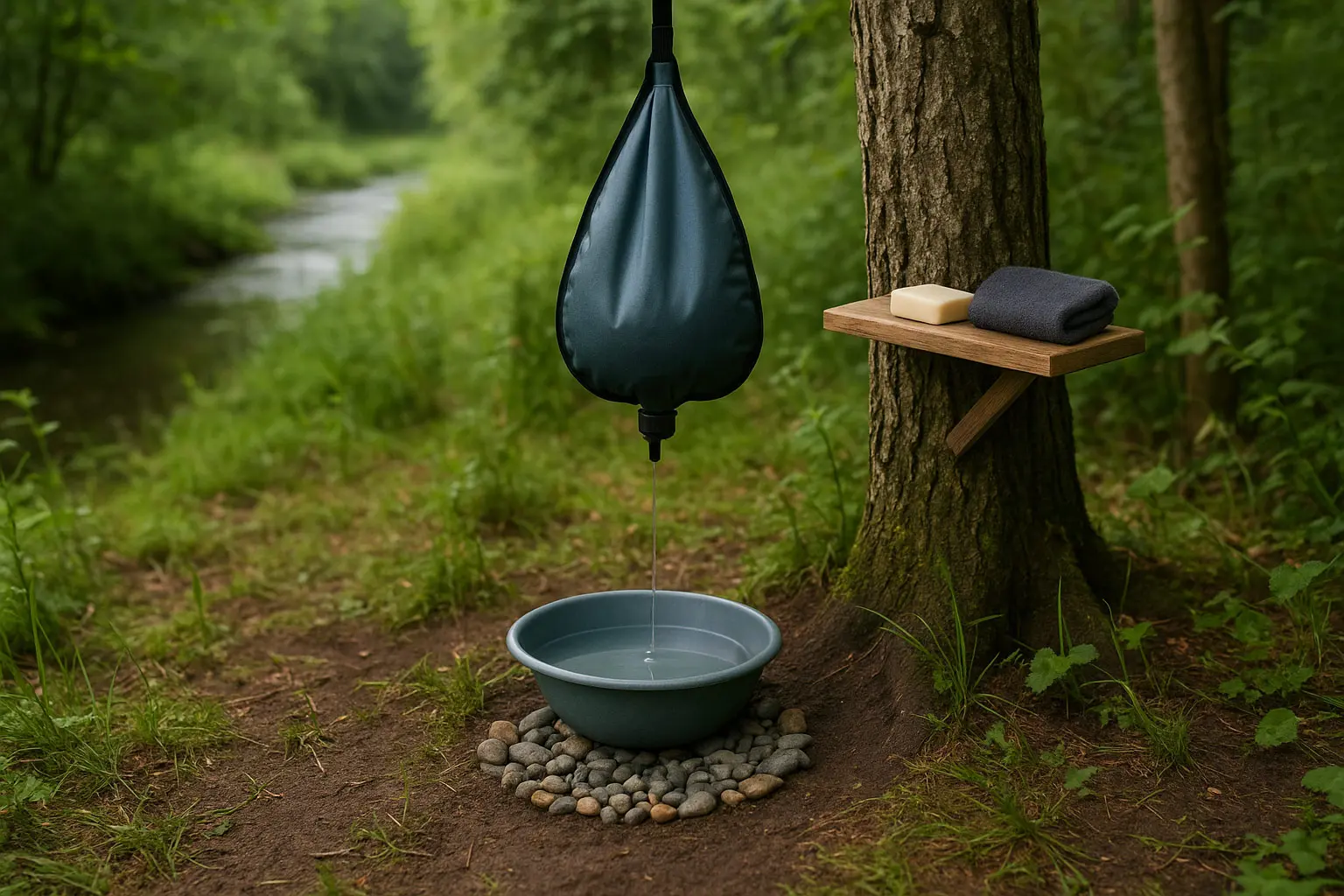 Waschplatz im Gelände: 70 m vom Bach entfernt, kleine Schüssel, Hängesack mit Wasser, Ablage für Seife und Handtuch; Abfluss in Kies-Sickerbett