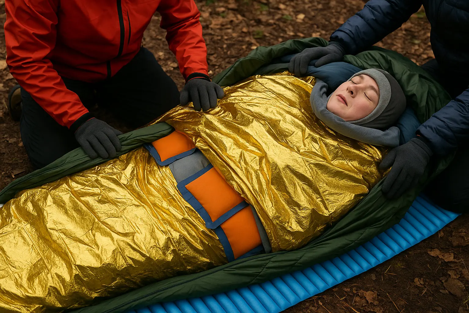 Unterkühlte Person liegt flach, in Rettungsdecke und Schlafsack eingewickelt; Wärmepacks am Rumpf