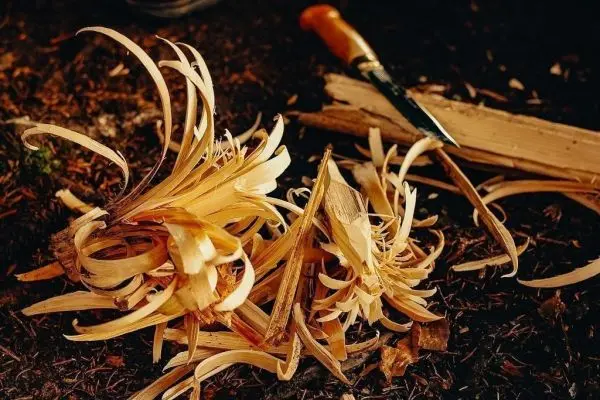 Feathersticks liegen auf dem Boden neben einem Messer