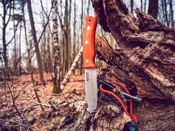 Messer mit orangefarbenem Griff und Feuerstahl auf verwittertem Holzstamm