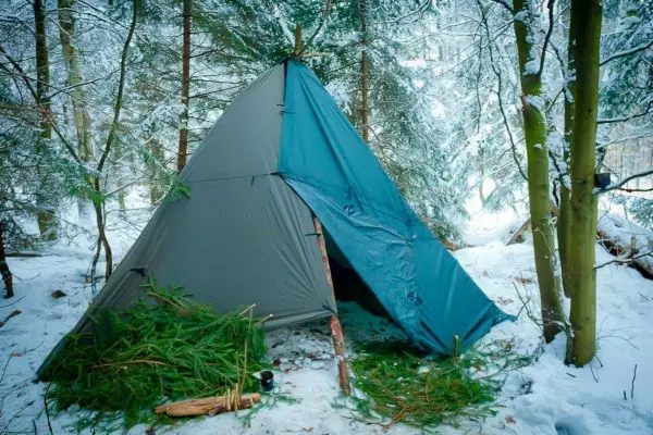 Zelt aus Stoff im Schnee, umgeben von Bäumen und Pflanzen