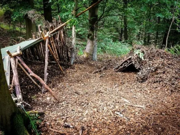 Zwei selbstgebaute Notunterkünfte aus Ästen und Laub im Wald