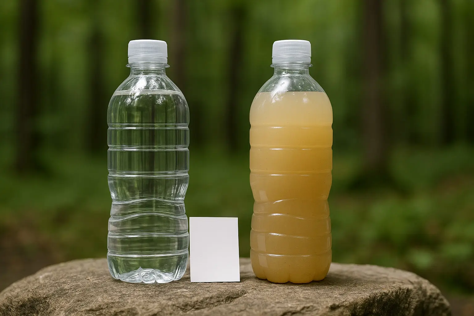 Zwei Flaschen: klar gefiltertes Wasser neben deutlich trübem Rohwasser