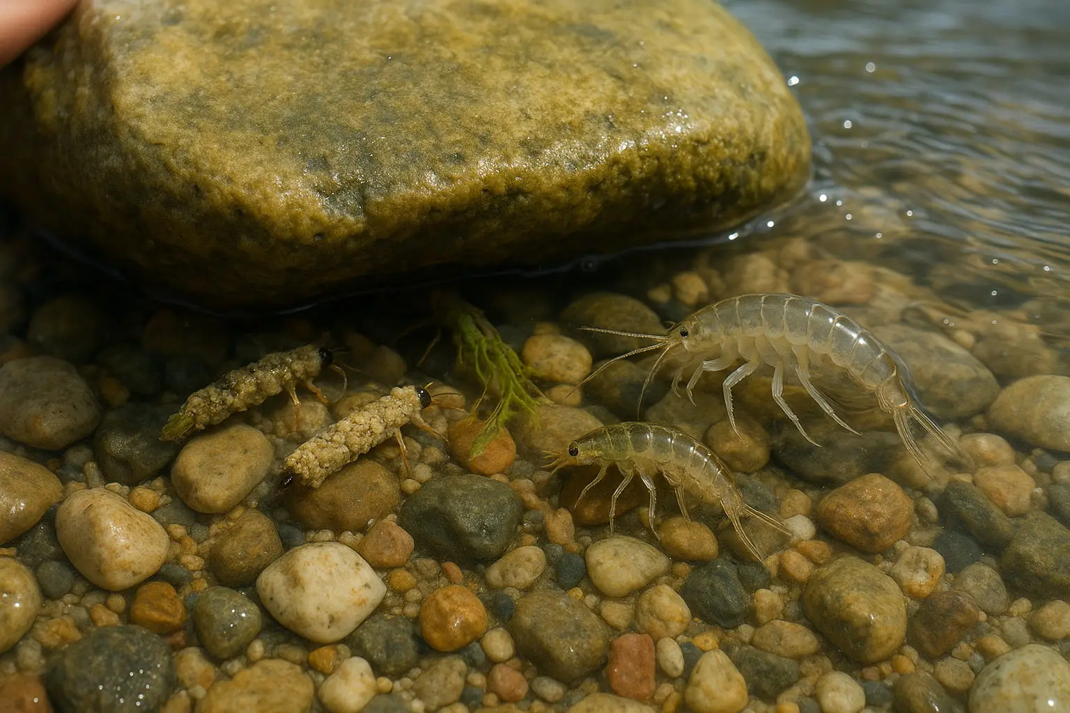 Köcherfliegenlarven in kleinen Kiesröhren unter einem Bachstein, freigelegt in flachem Wasser