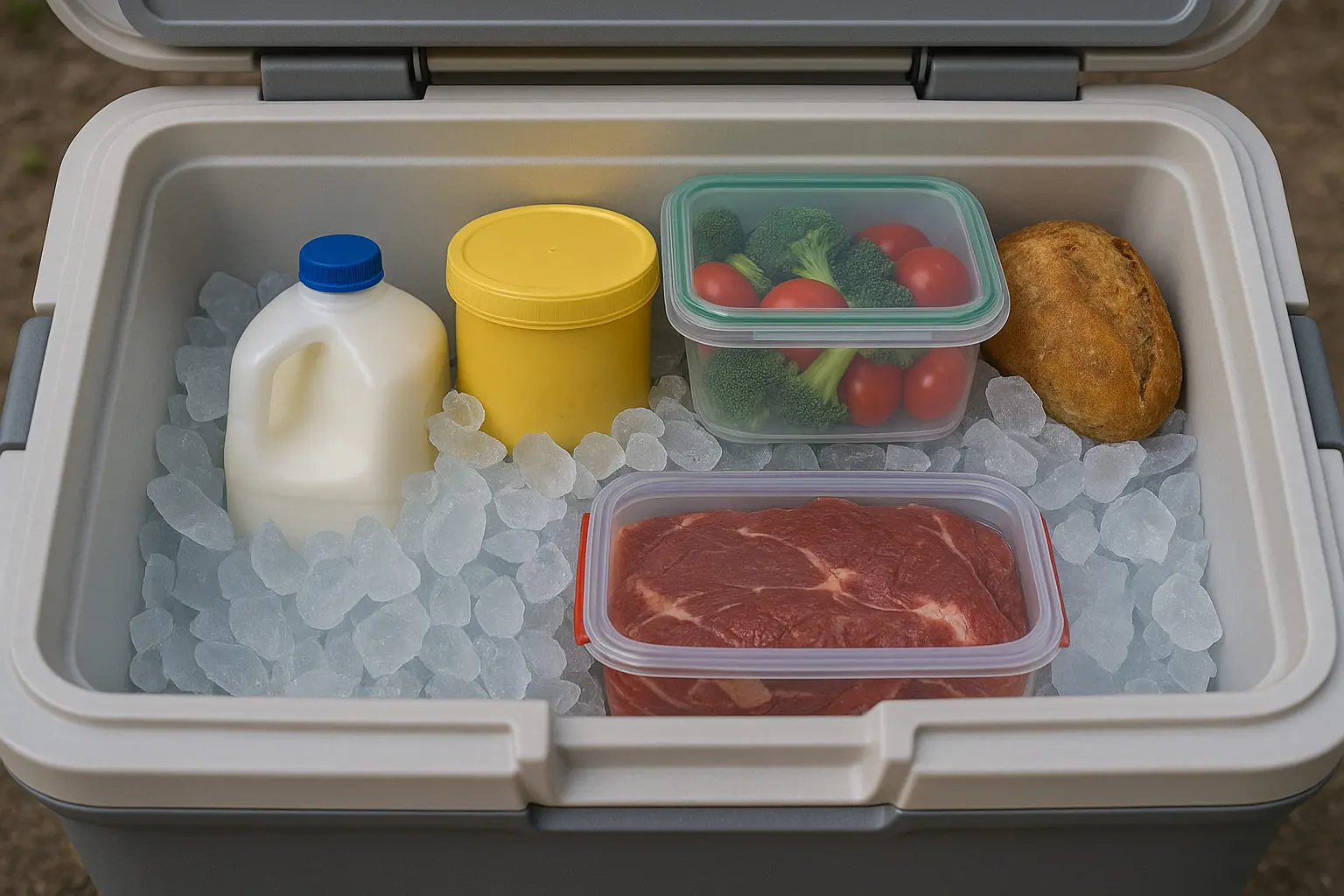 Packordnung Kühlbox: kalte Zone unten, empfindliche Ware dorthin Kühlbox im Querschnitt: Eis unten/seitlich, Rohfleisch in auslaufsicherer Box ganz unten, darüber Milchprodukte, oben Gemüse/Brot