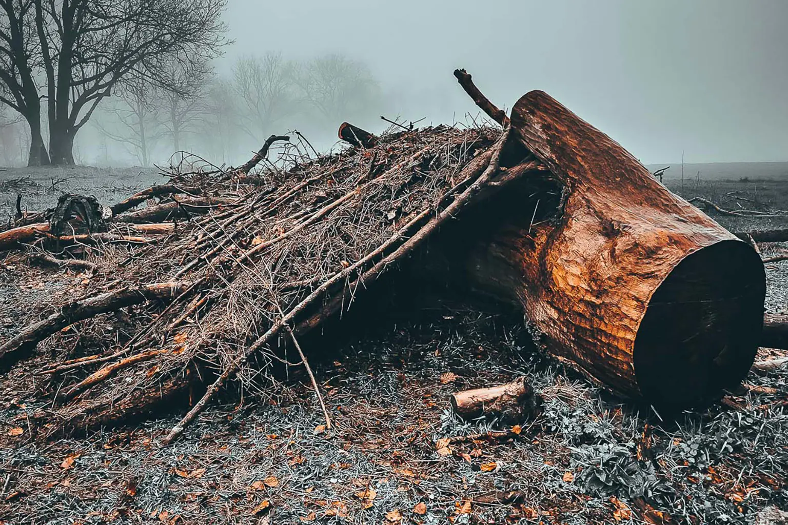Fertiger Lean-to-Unterstand an großen Baum angelehnt