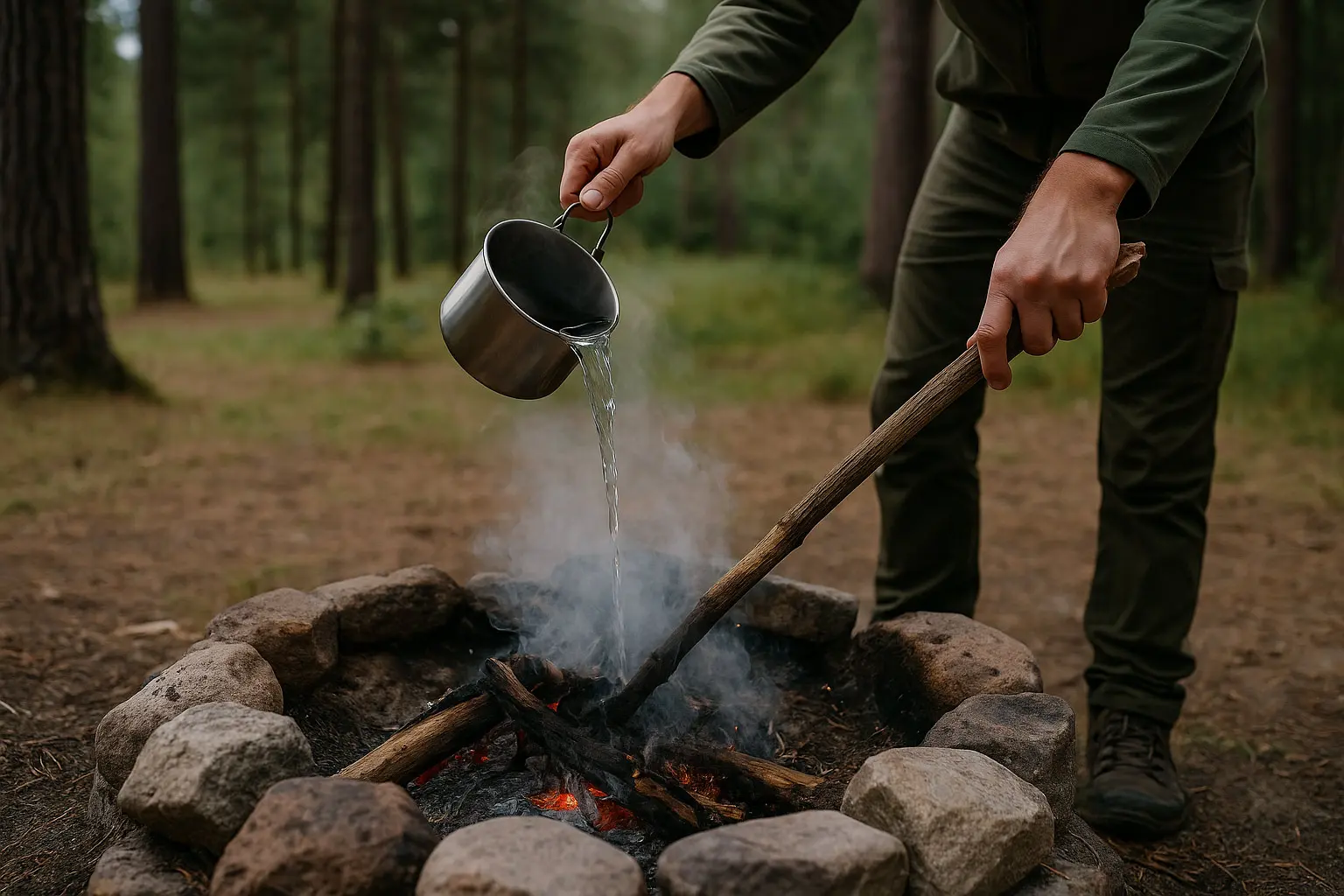 Mop-Up: wässern, rühren, prüfen – erst dann verlassen Ablöschen einer Feuerstelle: Gießkanne, Umrühren mit einem Stock, keine Dampfentwicklung mehr sichtbar
